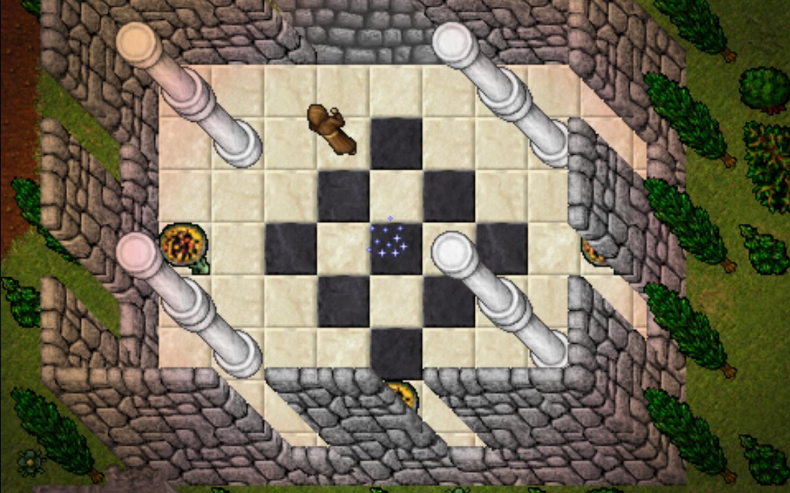 Cena do jogo: o templo de Rookgaard, onde todo personagem começa